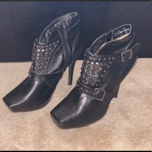 Black Studded Faux Leather Heeled Booties